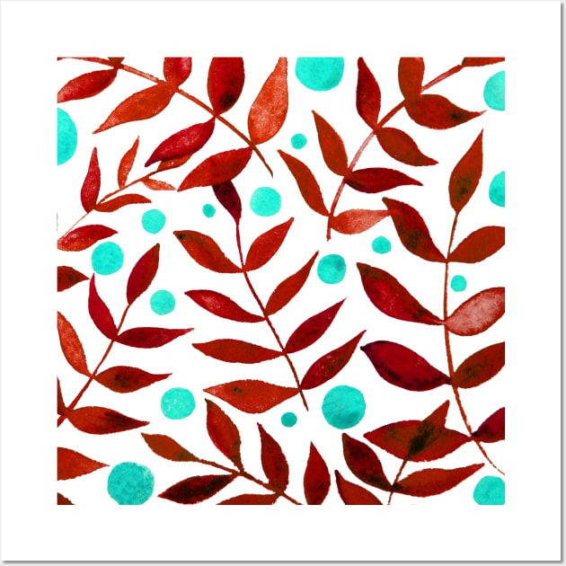 Watercolor branches and berries - red and aqua Wall Art by wackapacka